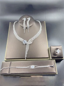 1set Fashionable Floral Pattern & Tassel & Rhinestone Decor Necklace Set, Exquisite Bridal Wedding Accessories - Silver - View 2