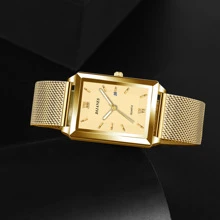 Women Gold Color Stainless Steel Strap Luxury Rectangle Pointer Quartz Watch For Daily Life Women Watch 1pc - Gold - View 6