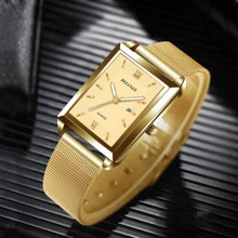 Women Gold Color Stainless Steel Strap Luxury Rectangle Pointer Quartz Watch For Daily Life Women Watch 1pc - Gold - View 7