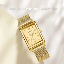 Women Gold Color Stainless Steel Strap Luxury Rectangle Pointer Quartz Watch For Daily Life Women Watch 1pc - Gold - View 4