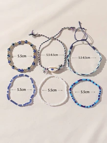 Bộ 6 vòng tay bện hạt cườm và họa tiết mắt quỷ cổ điển, cá nhân hóa, dành cho nữ đeo hàng ngày. - Màu xanh lam - Xem 3