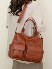 时尚纯色软皮女士单肩包，休闲简约大容量校园手提包日常通勤包，复古斜挎包大号流浪汉包工作手提包，女士邮差包多口袋挎包，适合节日礼物，复古风格女士复古包
