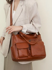 时尚纯色软皮女士单肩包，休闲简约大容量校园手提包日常通勤包，复古斜挎包大号流浪汉包工作手提包，女士邮差包多口袋挎包，适合节日礼物，复古风格女士复古包
