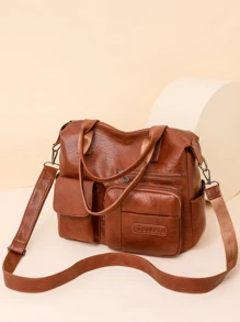 时尚纯色软皮女士单肩包，休闲简约大容量校园手提包日常通勤包，复古斜挎包大号流浪汉包工作手提包，女士邮差包多口袋挎包，适合节日礼物，复古风格女士复古包