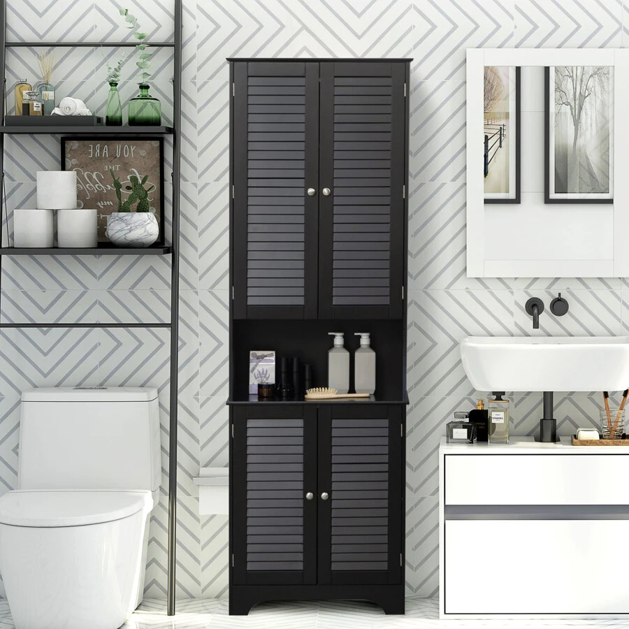 HOMCOM Tall Narrow Bathroom Storage Cabinet with Doors and Shelf Adjustability, Freestanding Bathroom Linen Cabinet with 2 Cupboards and Countertop, Bathroom Floor Cabinet