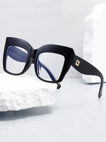 1 片厚框超大圆形平光镜片电脑眼镜，时尚猫眼款式 - 黑色 - 查看 1