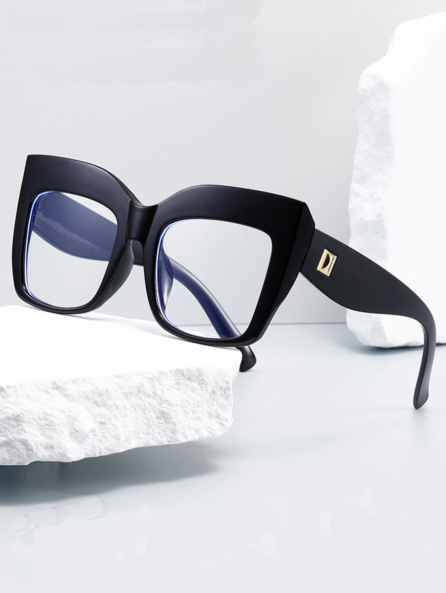 1 片厚框超大圆形平光镜片电脑眼镜，时尚猫眼款式 - 黑色 - 查看 1