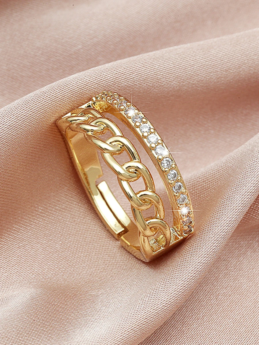 1pc Fashion Stainless Steel Rhinestone Decor Chain Design Ring For Women For Gift