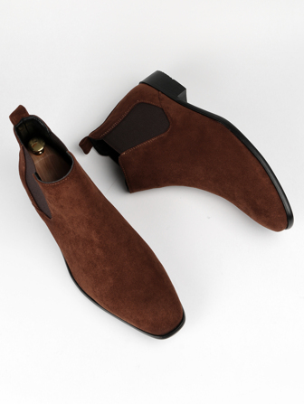 Men Minimalist Slip On Chelsea Boots, Minimalist Brown Faux Suede Boots Valentines