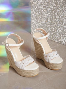 Woven Wedges With High Heels And Straps - Beige - View 4