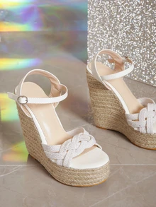 Woven Wedges With High Heels And Straps - Beige - View 2