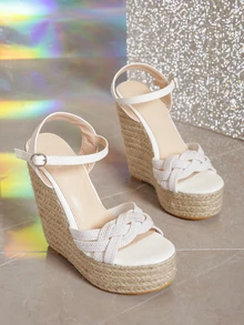 Woven Wedges With High Heels And Straps - Beige - View 3