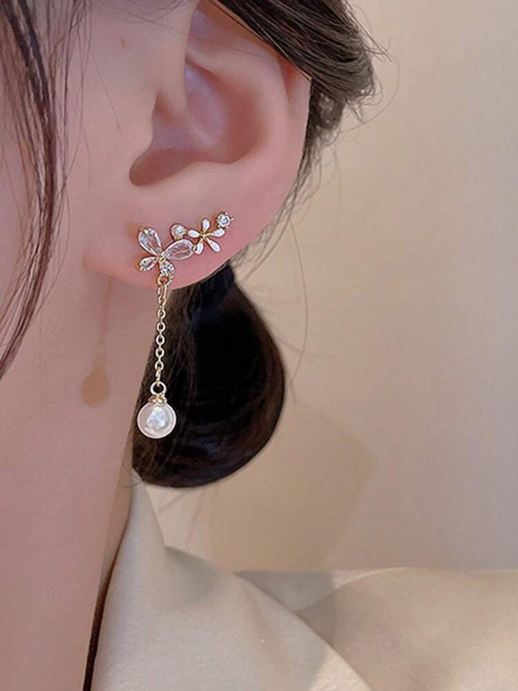 1pair Exquisite Stainless Steel Cubic Zirconia Butterfly & Faux Pearl Decor Drop Earrings For Women For Gift