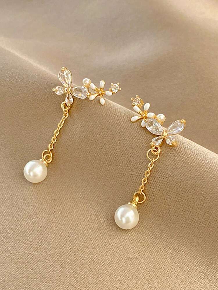 1pair Exquisite Stainless Steel Cubic Zirconia Butterfly & Faux Pearl Decor Drop Earrings For Women For Gift