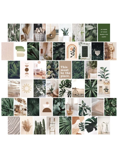 50pcs Green Botanical Wall Collage Kit Aesthetic Pictures, Small Posters Postcards For Teen Bedroom, Nature-Inspired Room Home Wall Decor, Boho Collage Kit For Wall Aesthetic,For School Supplies,Back To School