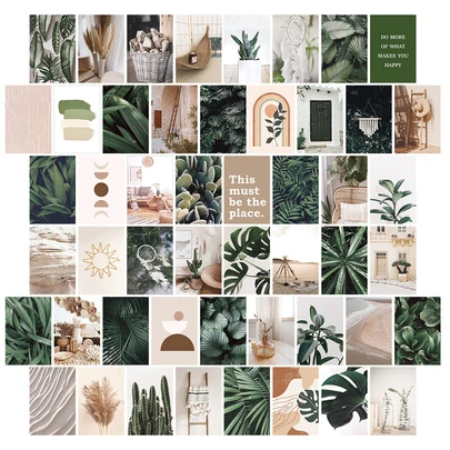 50pcs Green Botanical Wall Collage Kit Aesthetic Pictures, Small Posters Postcards For Teen Bedroom, Nature-Inspired Room Home Wall Decor, Boho Collage Kit For Wall Aesthetic,For School Supplies,Back To School