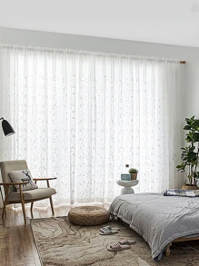 ستارة شفافة للنوافذ والأبواب في غرفة المعيشة وغرفة النوم بنمط الأوراق الخضراء والكرمة والتطريز باللون الأبيض ومصنوعة من ألياف البوليستر