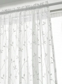 ستارة شفافة للنوافذ والأبواب في غرفة المعيشة وغرفة النوم بنمط الأوراق الخضراء والكرمة والتطريز باللون الأبيض ومصنوعة من ألياف البوليستر