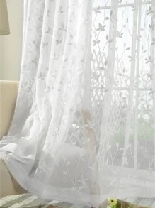 ستارة شفافة للنوافذ والأبواب في غرفة المعيشة وغرفة النوم بنمط الأوراق الخضراء والكرمة والتطريز باللون الأبيض ومصنوعة من ألياف البوليستر