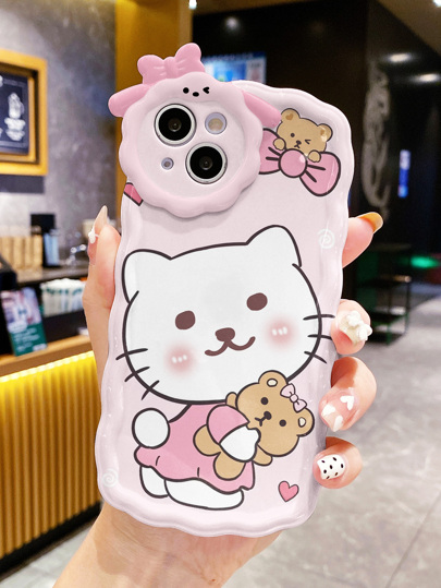 Apple Cute Pink Bow Cartoon Cat Print Phone Case Waterproof Shockproof Anti-Fall Scratch Resistant