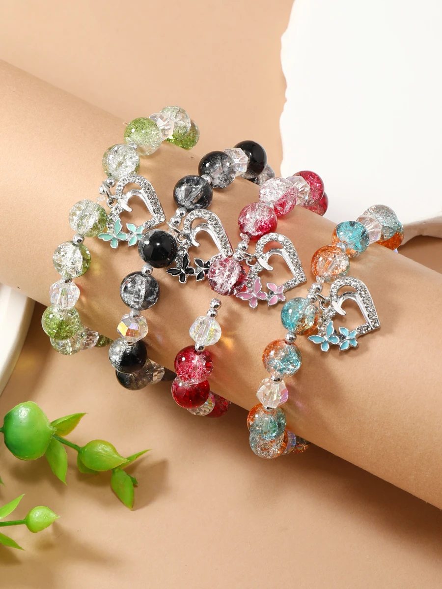 4pcs/Set Bohemian Style Ombre Murano Glass & Crystal Heart Charm Bracelet For Women, Birthday/Holiday Gift Valentines,Mom,Mother,Mother's Day,Gift