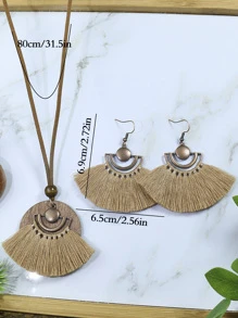 TopHanqi 3pcs Bohemian Beachy Caffeine Tassel Antique Bronze Fan-shaped Hollow-out Pendant Necklace & Earrings Set Women's Jewelry Set