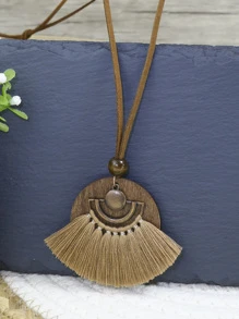 TopHanqi 3pcs Bohemian Beachy Caffeine Tassel Antique Bronze Fan-shaped Hollow-out Pendant Necklace & Earrings Set Women's Jewelry Set