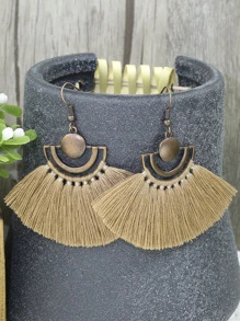 TopHanqi 3pcs Bohemian Beachy Caffeine Tassel Antique Bronze Fan-shaped Hollow-out Pendant Necklace & Earrings Set Women's Jewelry Set