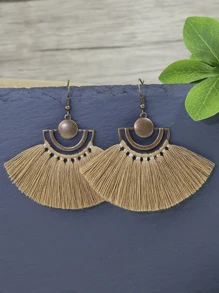 TopHanqi 3pcs Bohemian Beachy Caffeine Tassel Antique Bronze Fan-shaped Hollow-out Pendant Necklace & Earrings Set Women's Jewelry Set