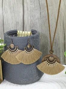 TopHanqi 3pcs Bohemian Beachy Caffeine Tassel Antique Bronze Fan-shaped Hollow-out Pendant Necklace & Earrings Set Women's Jewelry Set