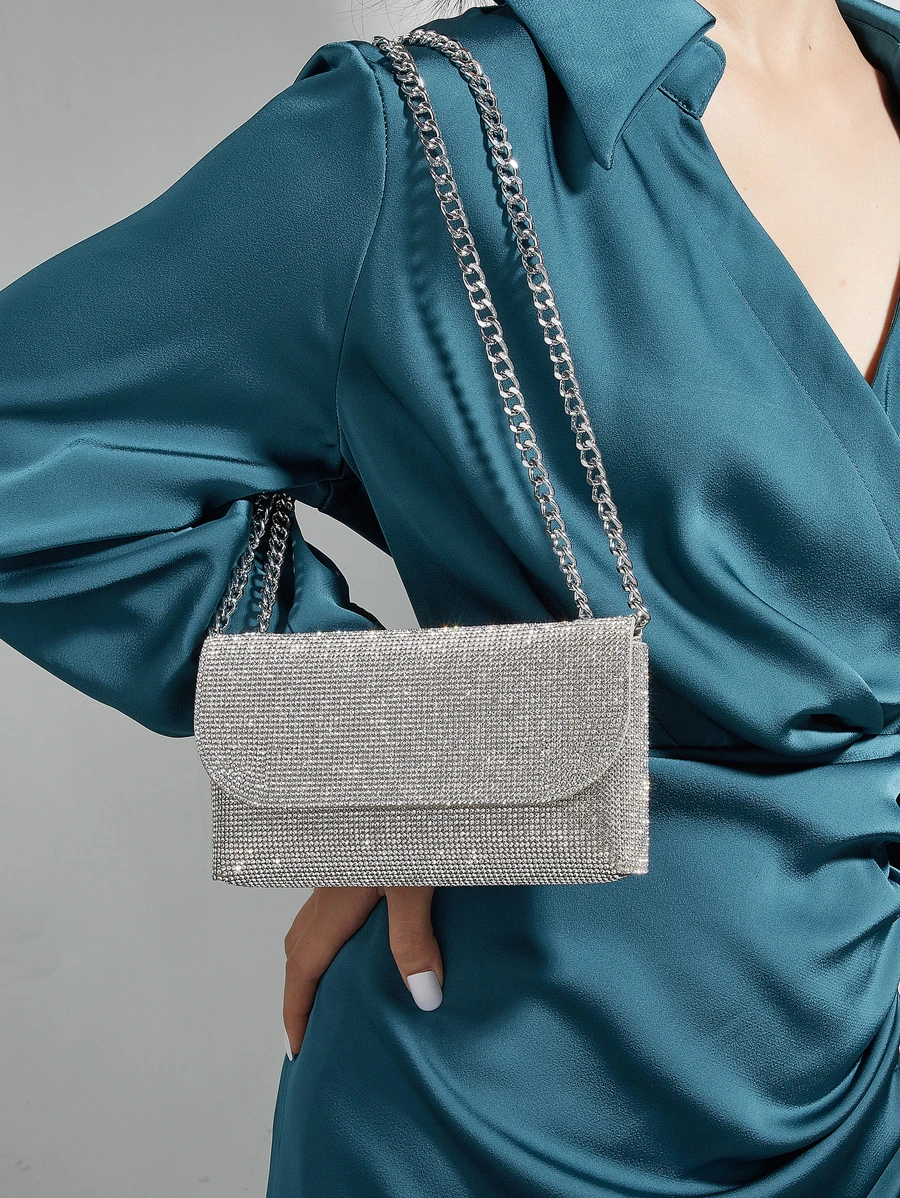 華麗的閃爍亮晶晶,亮片,奢華且閃亮的迷你時尚銀色鑽石裝飾女式晚禮服肩袋晚宴包,派對女孩,女人,新娘,非常適合派對,婚禮,舞會,晚宴/宴會