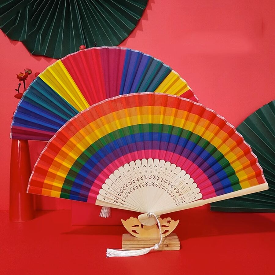 1pc Rainbow Striped Pattern Foldable Fan - Multicolor - View 1