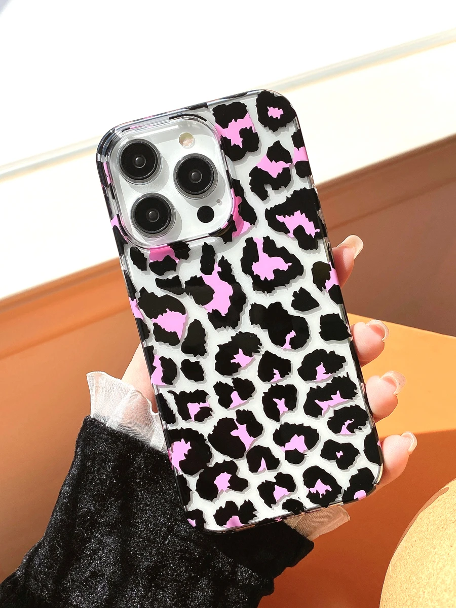 Full Coverage Transparent Pc Phone Case With Black And Pink Leopard Print - Multicolor - View 1