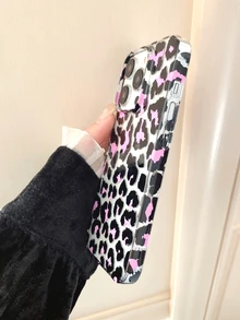 Full Coverage Transparent Pc Phone Case With Black And Pink Leopard Print - Multicolor - View 3