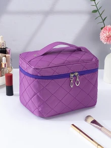Quilted makeup bag Purple For Travel Portable Large-capacity Cosmetic Bag, Simple Toiletry Wash Bag For Travel - Purple - View 3