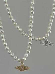 1Piece INS Vintage Planet Saturn cubic zirconia Pearl Chain Necklace - Gold - View 1