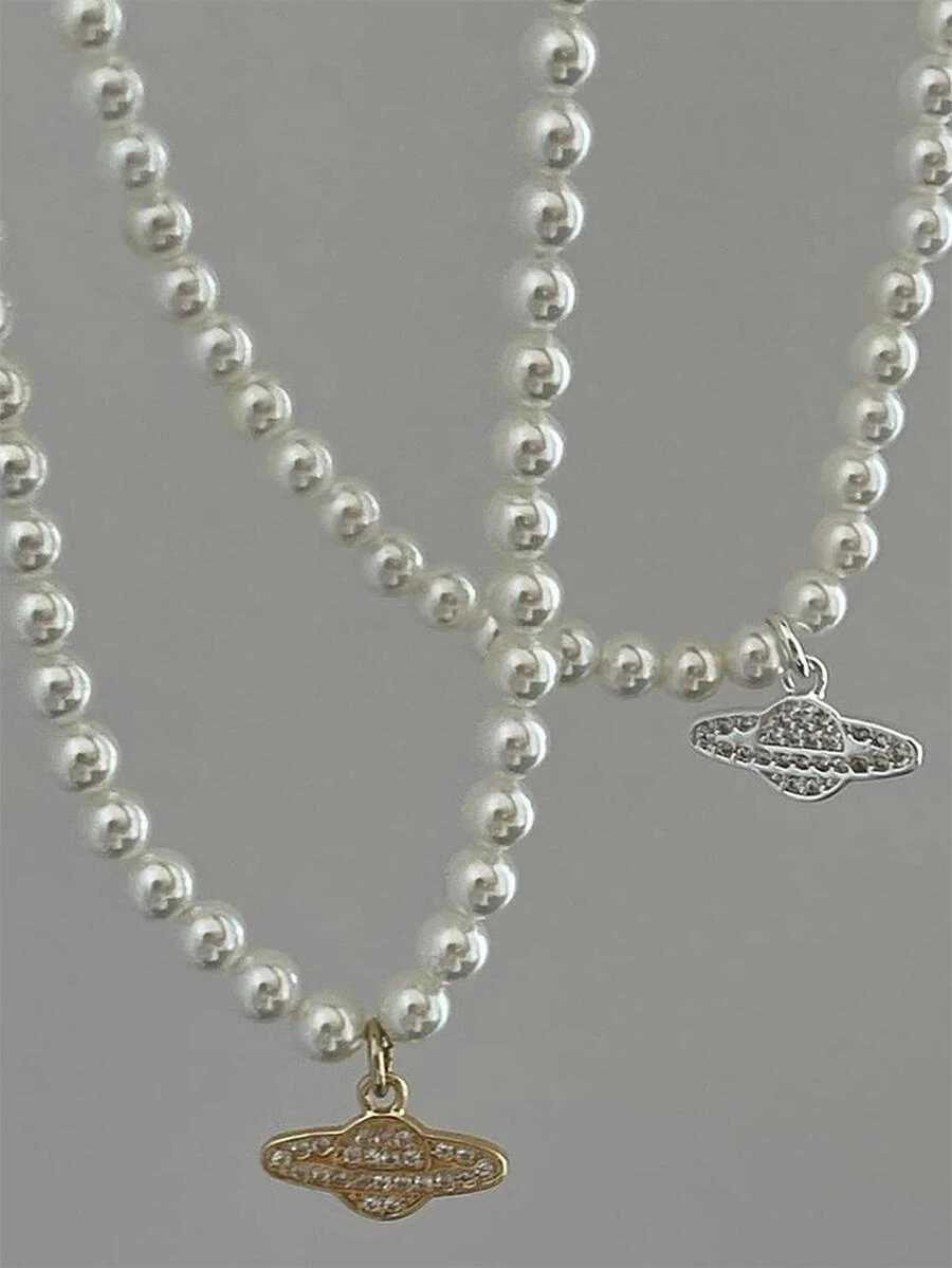 1Piece INS Vintage Planet Saturn cubic zirconia Pearl Chain Necklace - Gold - View 1