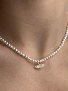 1Piece INS Vintage Planet Saturn cubic zirconia Pearl Chain Necklace - Gold - View 4