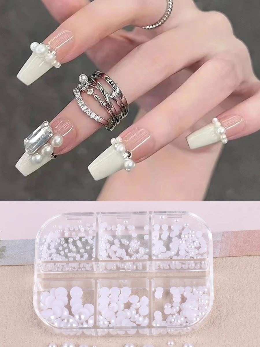 Ngọc Trai Trắng Trang Trí Móng Tay Nghệ Thuật, 6 Lưới Flatback Nửa Vòng Ngọc Trai Giả Trang Sức Móng Tay DIY Móng Tay Hạt Quyến Rũ Móng Tay Nghệ Thuật Thủ Công - trắng - Xem 1