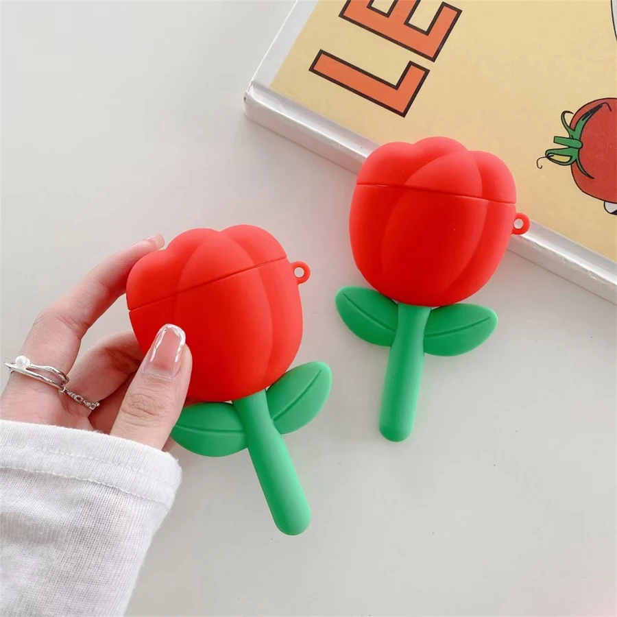 適用於AirPods的花卉鬱金香設計保護殼 - 紅色 - 查看 1