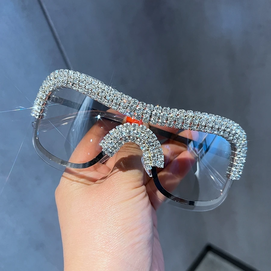 1pair Women Rhinestone Decor Oversized Y2K Wrap Frame Fashion Glasses For Outdoor - Silver - View 1