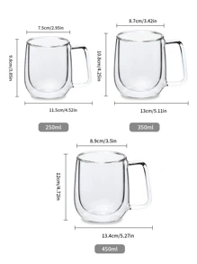1pc Double Walled Glass Coffee Mugs, Large Insulated Espresso Cups, Clear Glasses Cappuccino Mug With Handle, Tea Latte Glassware, Coffee Accessories(250ml/8oz, 350ml/12oz, 450ml/15oz) Back To School - Clear - View 8