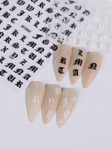 2 miếng dán móng tay phong cách Gothic, chữ cái đen trắng kiểu Anh cổ, decal dán móng tay tự làm, dụng cụ làm móng. - Đen và trắng - Xem 4