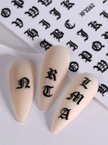 2 miếng dán móng tay phong cách Gothic, chữ cái đen trắng kiểu Anh cổ, decal dán móng tay tự làm, dụng cụ làm móng. - Đen và trắng - Xem 7