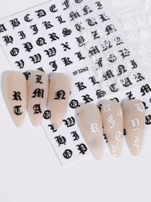 2 miếng dán móng tay phong cách Gothic, chữ cái đen trắng kiểu Anh cổ, decal dán móng tay tự làm, dụng cụ làm móng. - Đen và trắng - Xem 8