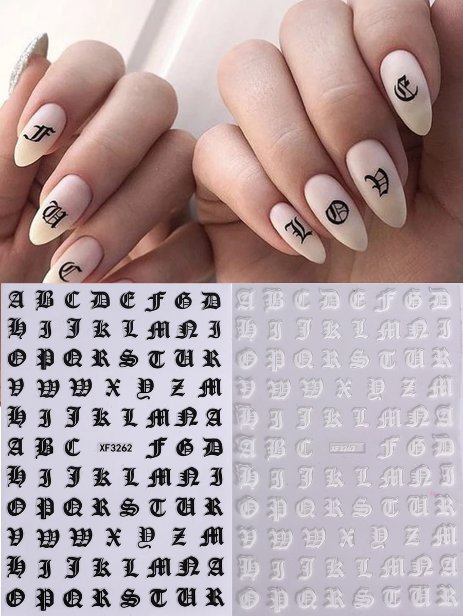 2 miếng dán móng tay phong cách Gothic, chữ cái đen trắng kiểu Anh cổ, decal dán móng tay tự làm, dụng cụ làm móng. - Đen và trắng - Xem 1