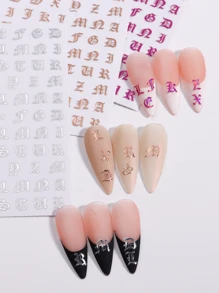3片哥特式字母美甲贴纸，银色和玫瑰金字母图案，3D立体浮雕自粘字母滑块，美甲装饰 - 彩色 - 查看 3