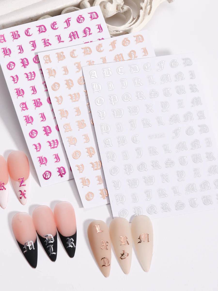 3片哥特式字母美甲贴纸，银色和玫瑰金字母图案，3D立体浮雕自粘字母滑块，美甲装饰 - 彩色 - 查看 1