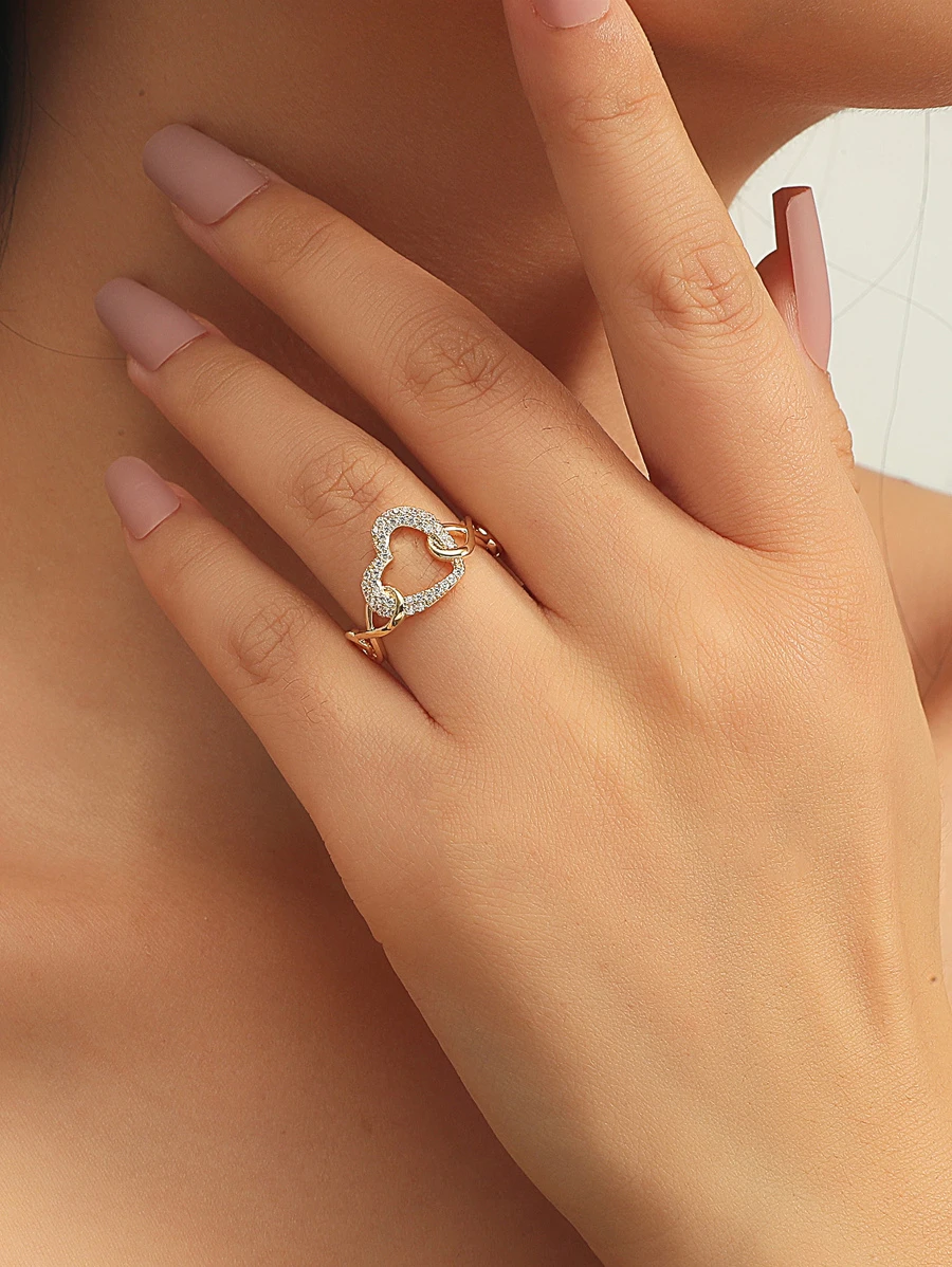 1 chiếc nhẫn trái tim trang trí bằng thép không gỉ Cubic Zirconia quyến rũ dành cho phụ nữ dự tiệc Valentine, Mẹ, Mẹ, Ngày của Mẹ, Quà tặng - Vàng - Xem 1
