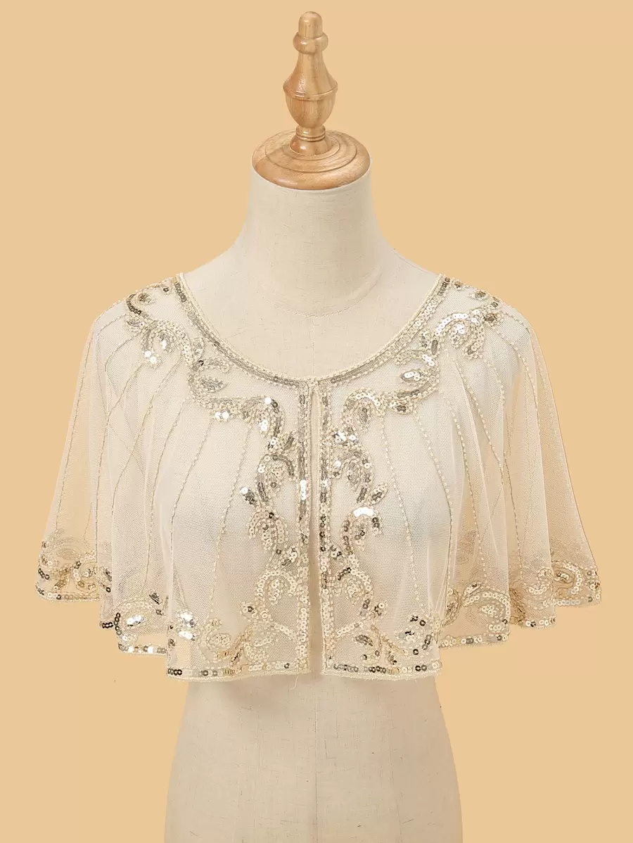 派对 1 件装 女士亮片装饰时尚披肩 适合日常装饰 女士斗篷 - 米色 - 查看 1